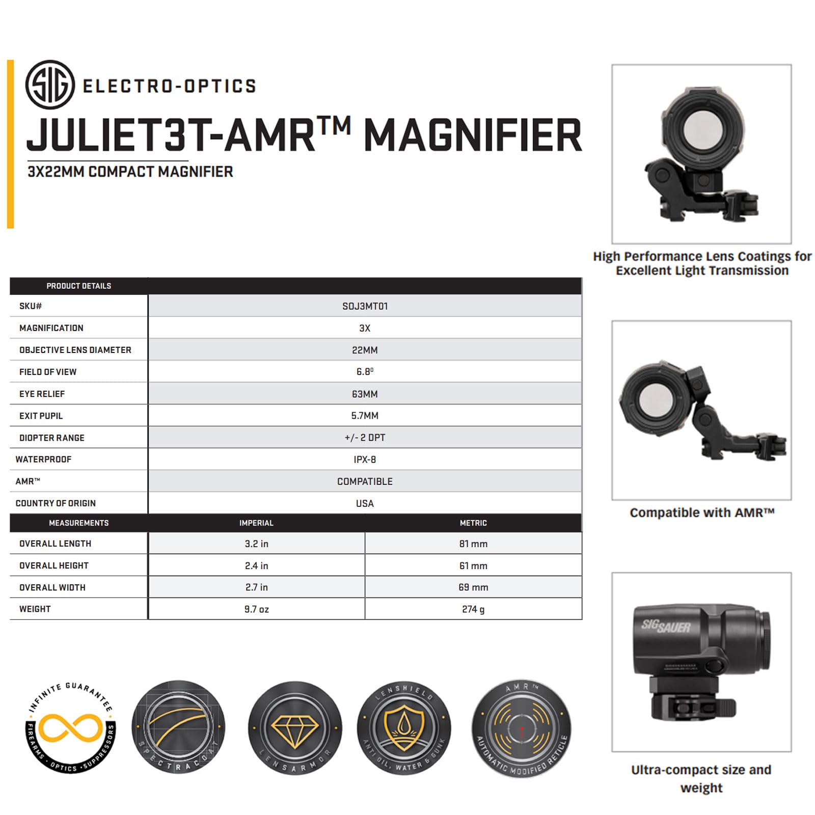 SIG SAUER JULIET3T-AMR 3x22mm Tactical Magnifier | Compact Flip-to-Side Optic with PowerCam QR Mount | AMR Compatible | Waterproof Fogproof Lightweight Design for Red Dot Sights - Image 6