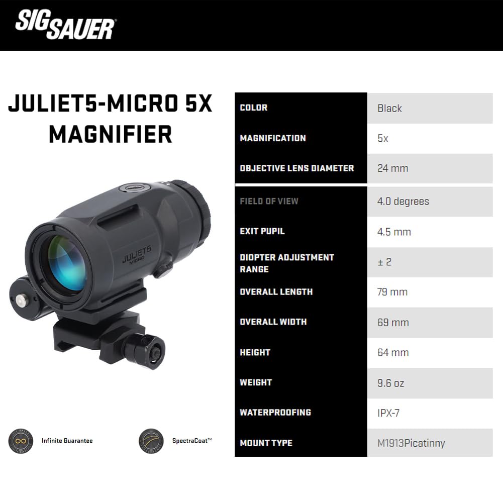 Sig Sauer JULIET5-MICRO 5x24mm Magnifier | Compact Durable Lightweight Fogproof Waterproof M1913 Picatinny Red Dot Sight Magnifier - Image 5