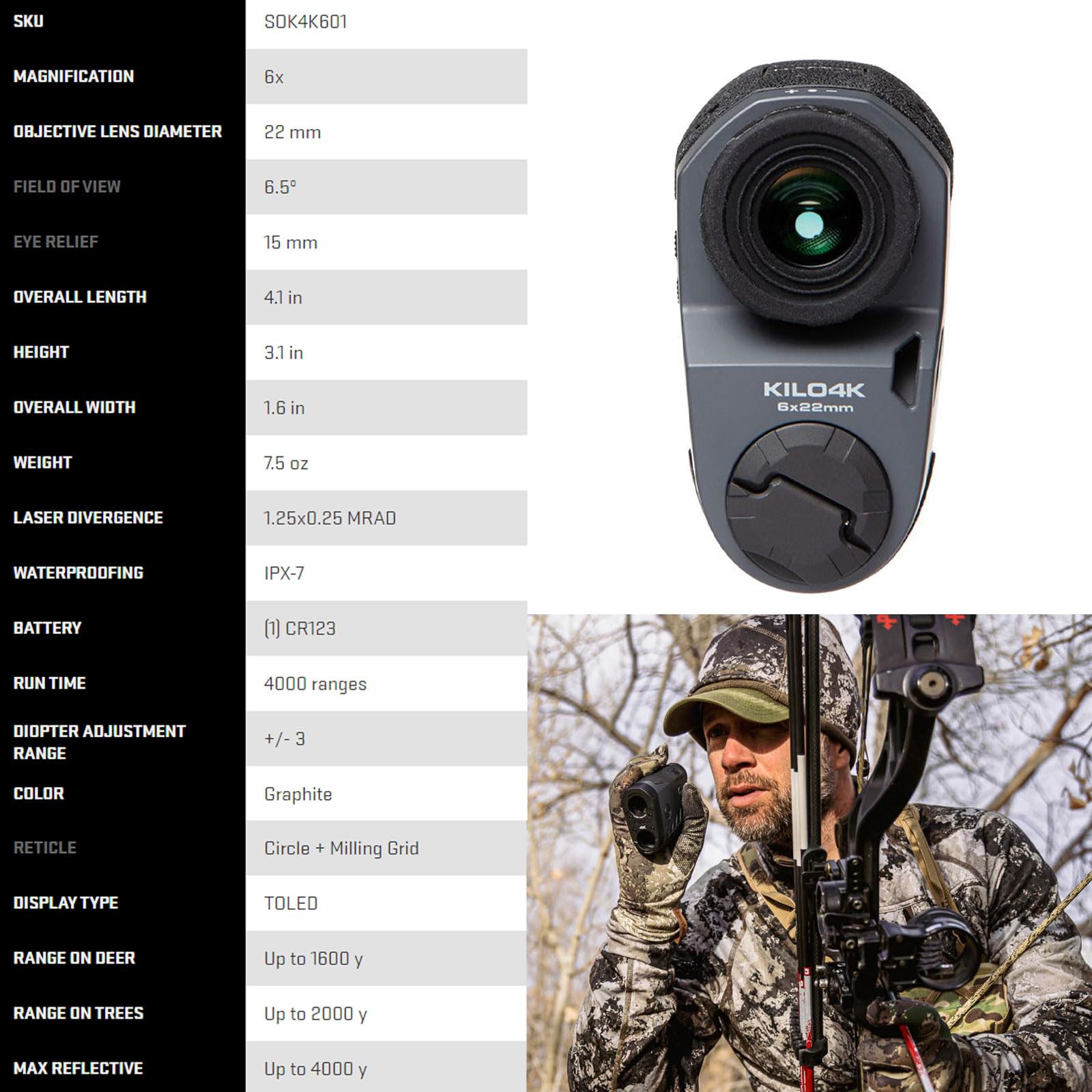 Sig Sauer KILO4K 6 x 22 mm Tactical Hunting Durable High Accuracy 4000 Yards Reflective Range Digital Bluetooth Laser Monocular Rangefinder | Circle + Milling Grid Reticle - Image 7