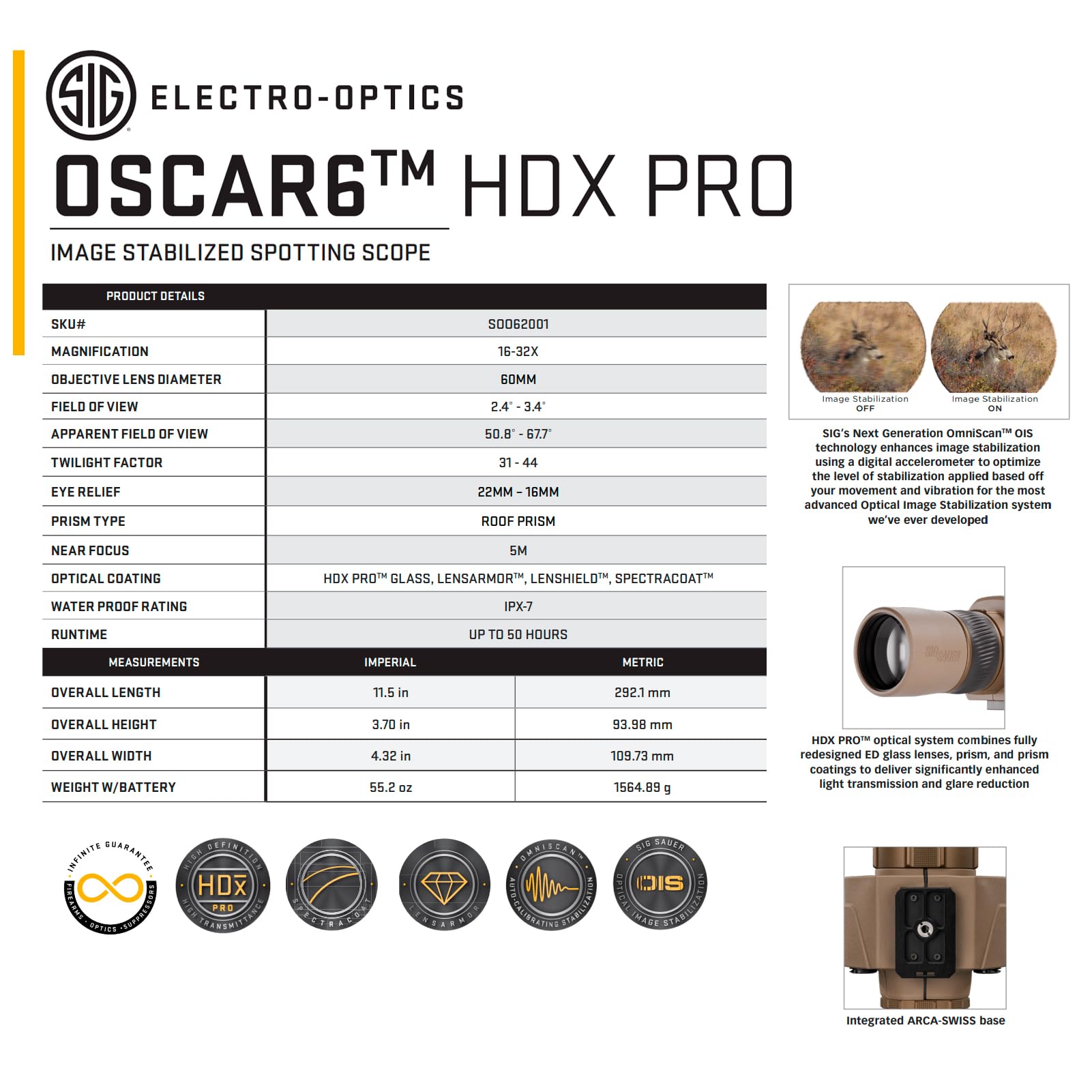 SIG SAUER OSCAR6 HDX PRO 16-32x60mm Image Stabilized Fast Focus Straight Eyepiece Waterproof Tripod Compatible Hunting Spotting Scope, Carry Case, Hand Strap, Lens Covers, Eyecup, Sunshade (SOO62001) - Image 7