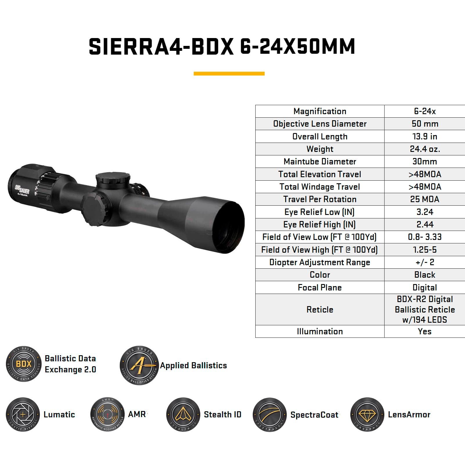 SIG SAUER SIERRA4-BDX 6-24x50mm Waterproof Hunting Precision Shooting Riflescope with BDX Ballistic Data Xchange, Clear Multi-Coated Optics, Illuminated BDX-R2 Digital Ballistic Reticle (SOSBDX46111) - Image 7